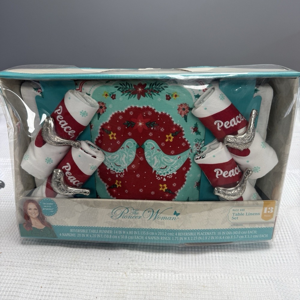 New The Pioneer Woman Mazie Bird Reversible 13 Pieces Holiday Table Linens Set *
